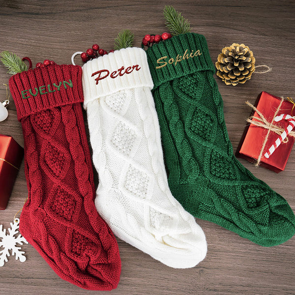 Custom Knit Christmas Stocking with Embroidered Name