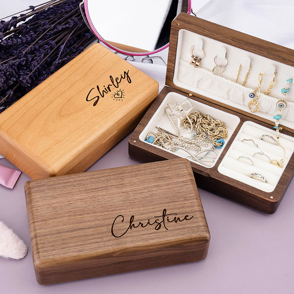 Custom Name Engraved Personalized Jewelry Wood Box for Her