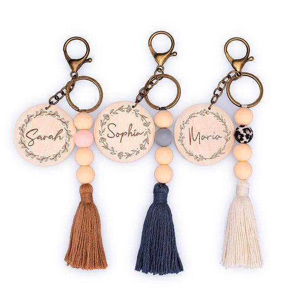 Custom Name Keyring with Floral Motifs, Beads and Tassel