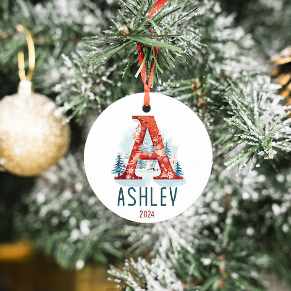 Custom Red Letter Ornament with Christmas Forest