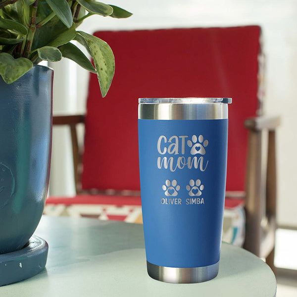 Personalized Cat Mom Tumbler with Custom Name Paw Prints