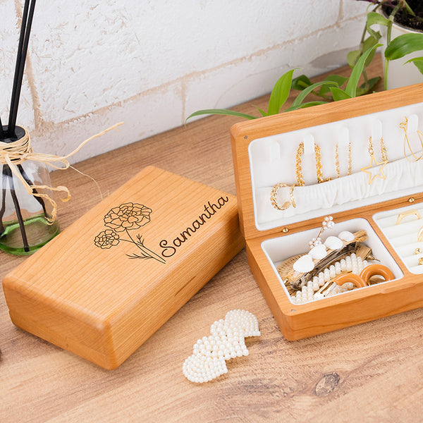 Portable Birth Flower Wooden Jewelry Box for Her with a Custom name