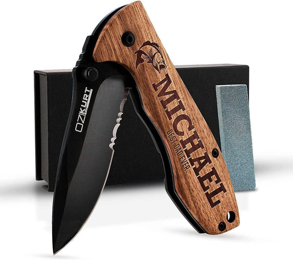 Personalized Oak Wood Pocket Knife with Name and Icon - GiftShire